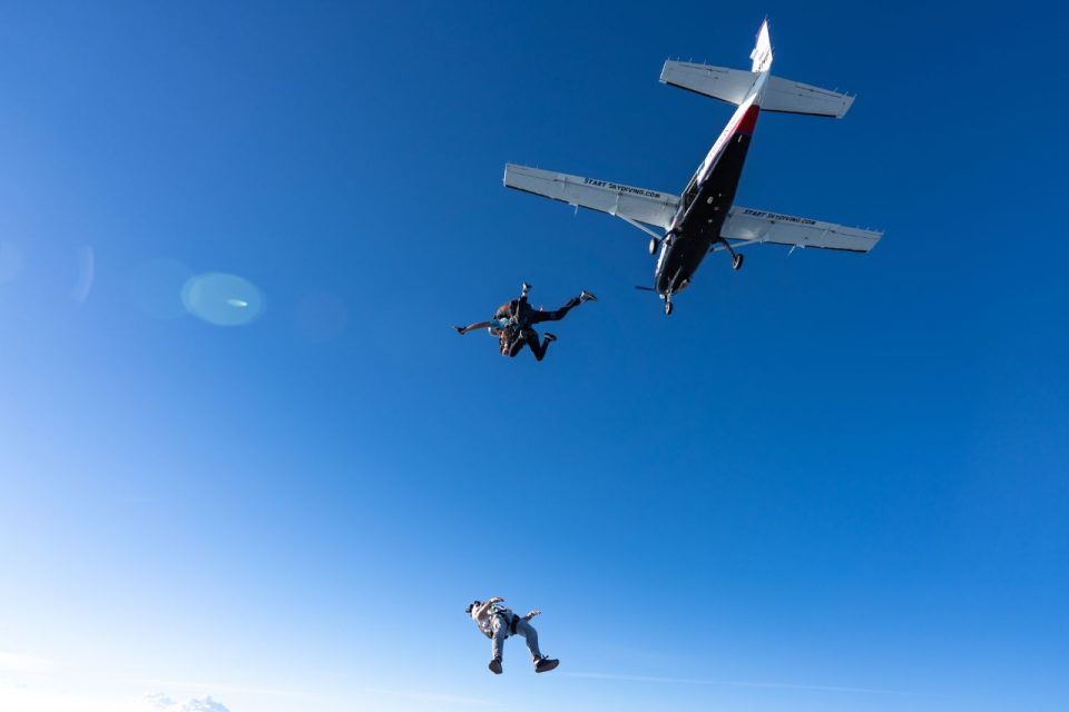 Skydivers shortly after exiting the plane.