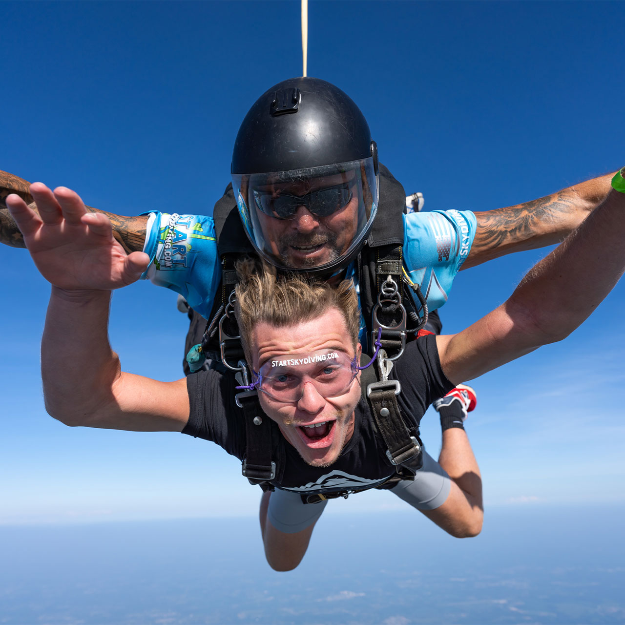 Close up view of a tandem student and instructor in freefall at Start Skydiving in Middleton, Ohio